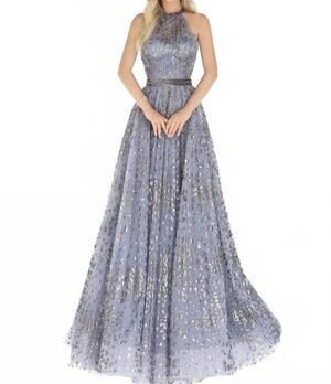 NEW TARIK EDIZ halter evening gown in blue multi